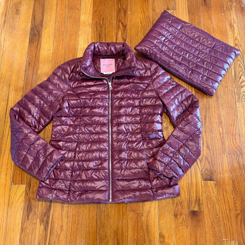 Kate Spade Women Small Puffer Jacket Burgundy Packable Down Quilted Hooded